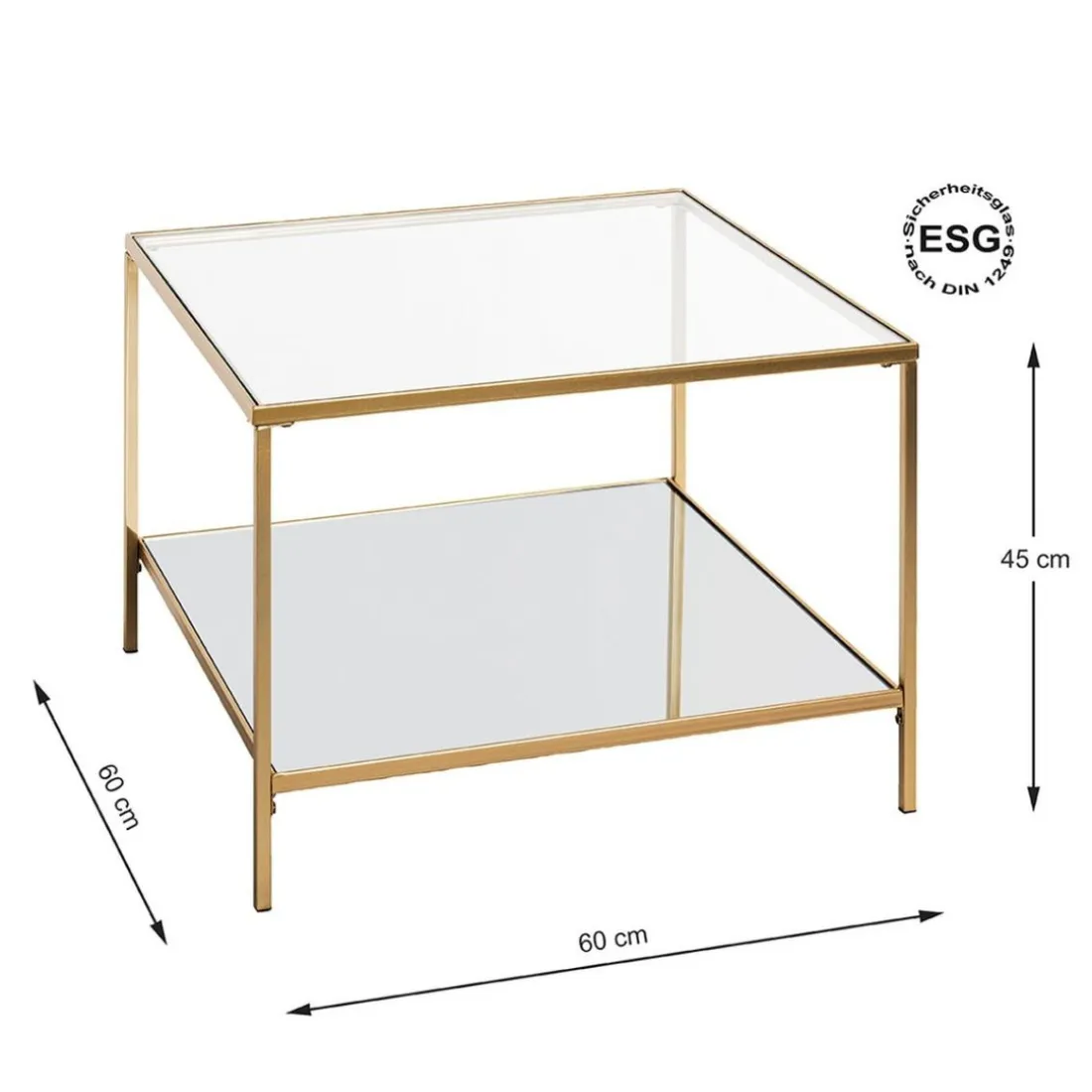 Grande table d'appoint carrée acier laqué d’or et plateaux miroir et verre trempé