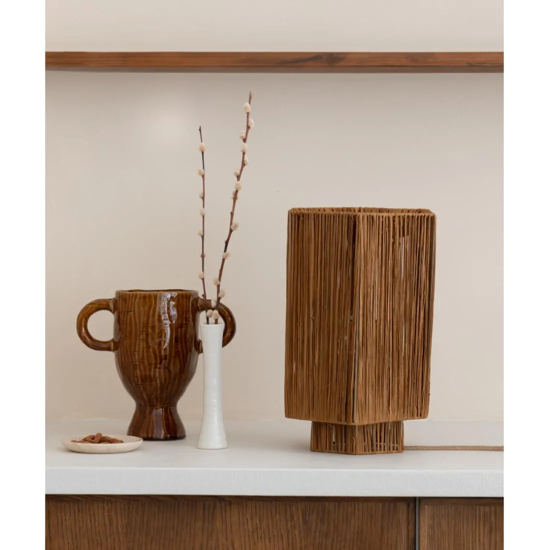 Lampe de table raphia Panama ronde octogonale marron