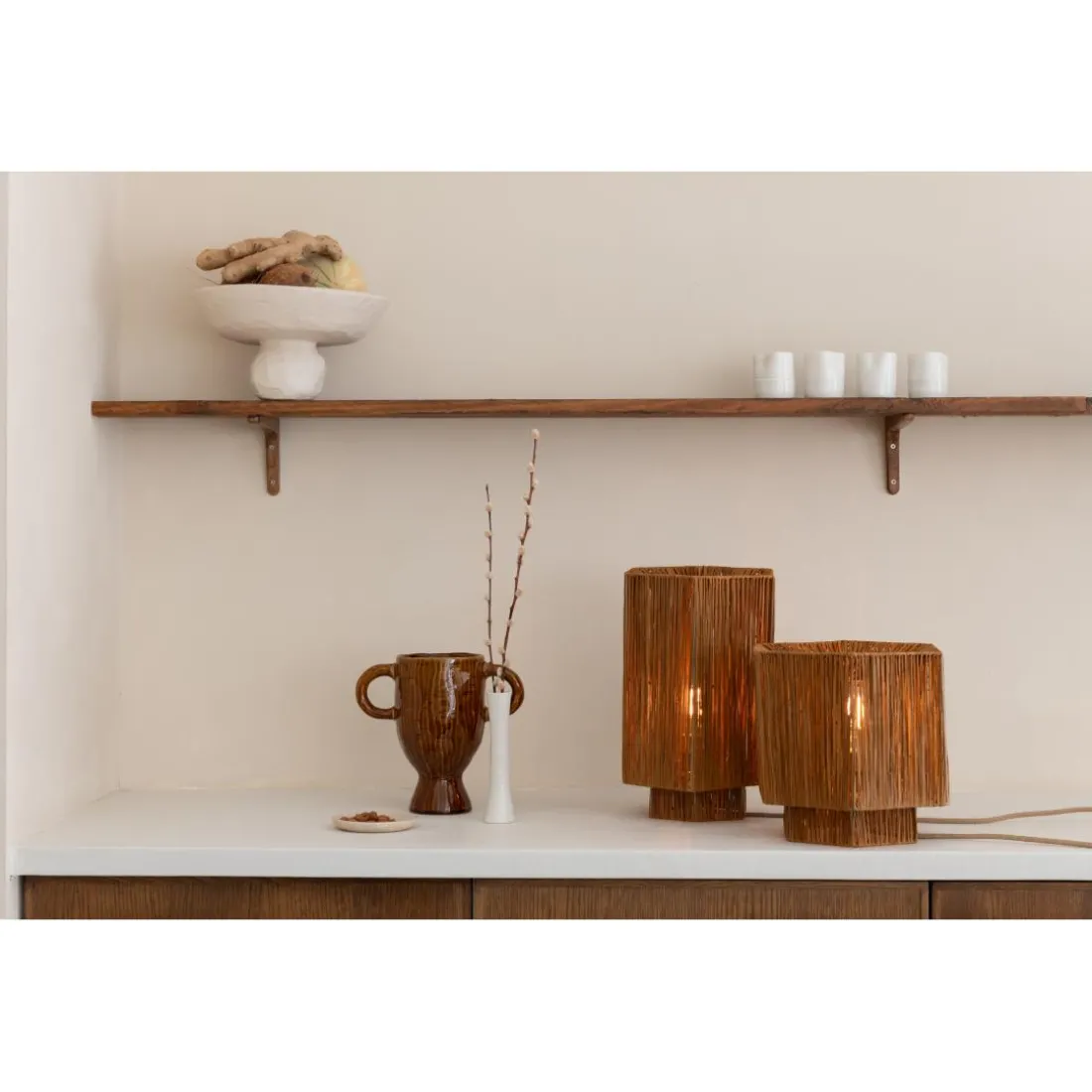 Lampe de table raphia Panama ronde octogonale marron