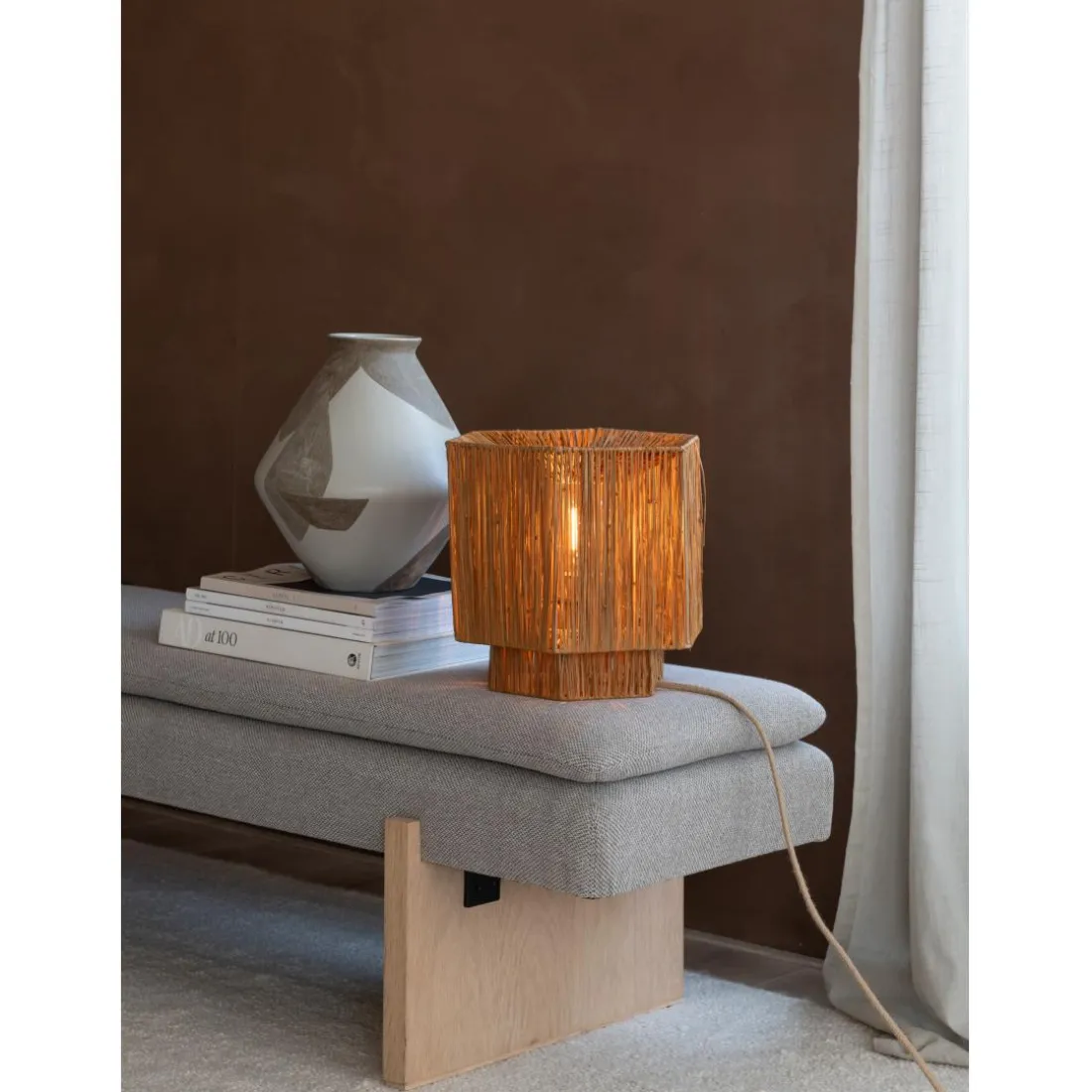 Lampe de table raphia Panama ronde-octogonale marron
