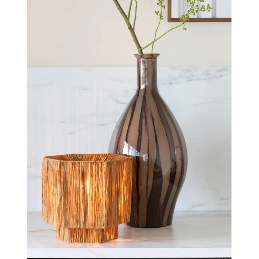 Lampe de table raphia Panama ronde-octogonale marron