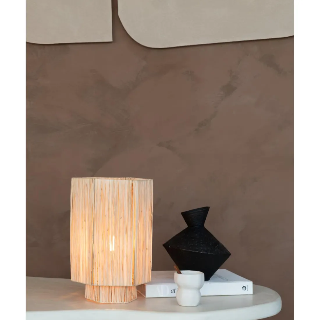 Lampe de table raphia Panama ronde octogonale naturel