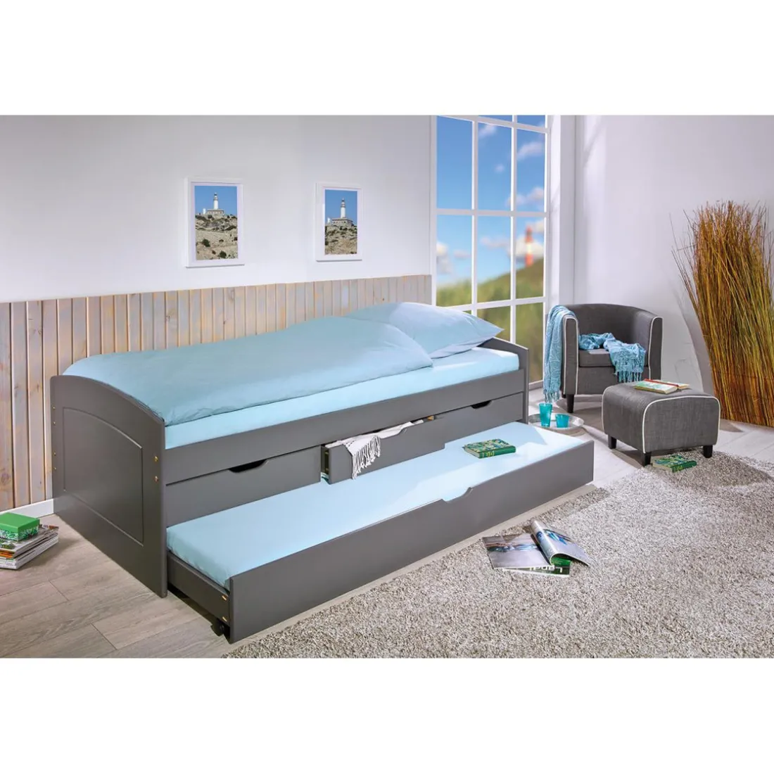 Lit à rangement 90 x 200 cm Pin Massif Gris