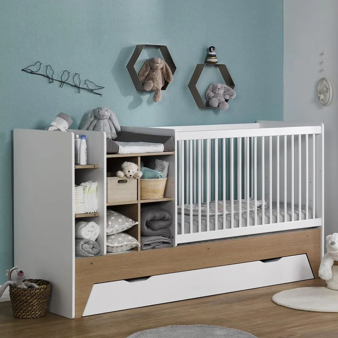 Lit bébé évolutif combiné Blanc & bois ECRIN