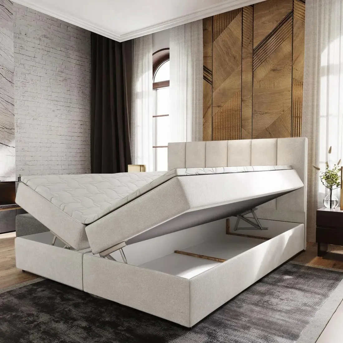 Lit boxspring avec matelas et sur-matelas inclus MERIL 140x200cm Tissu Beige