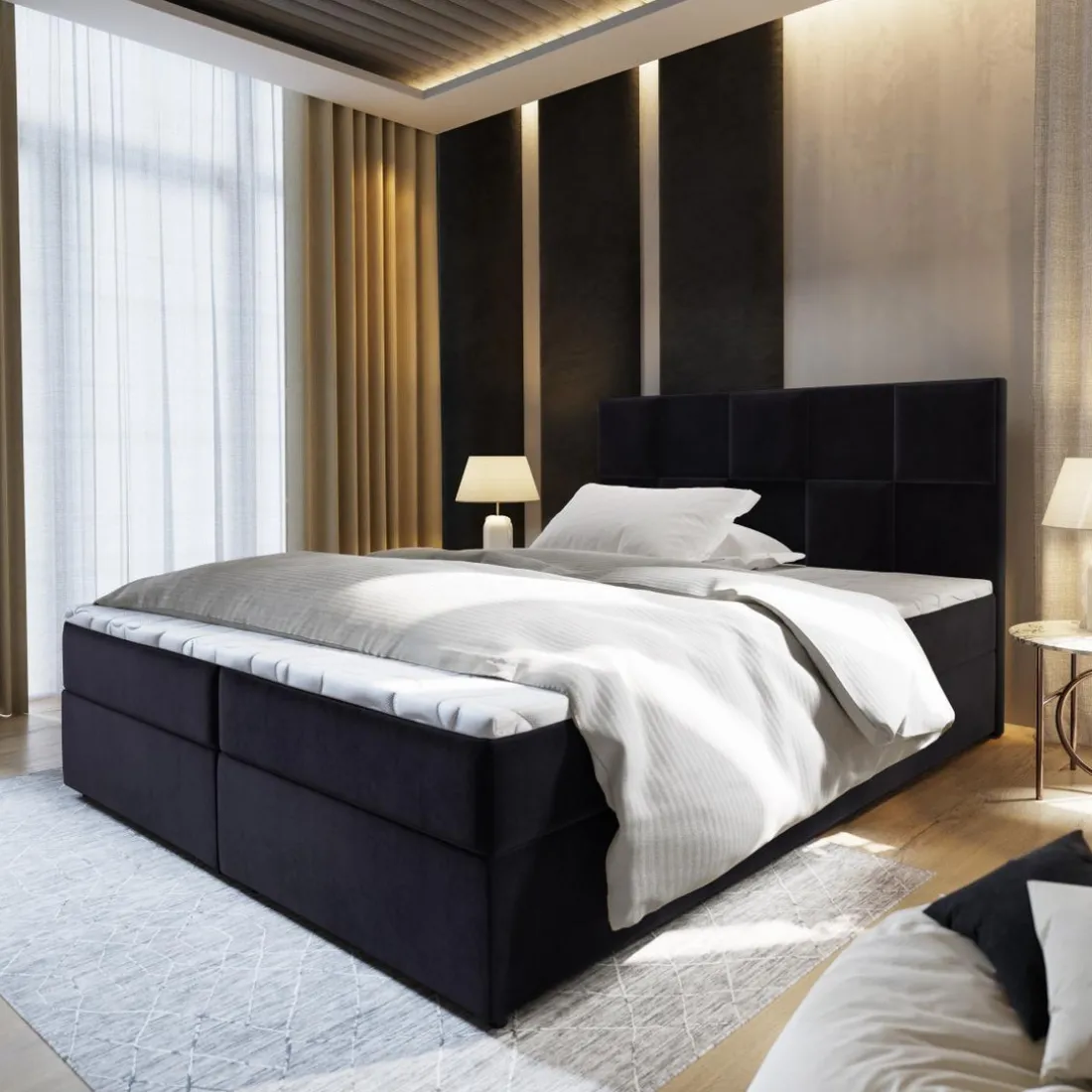 Lit boxspring avec matelas et sur-matelas inclus PRATA 180x220cm Velours Noir