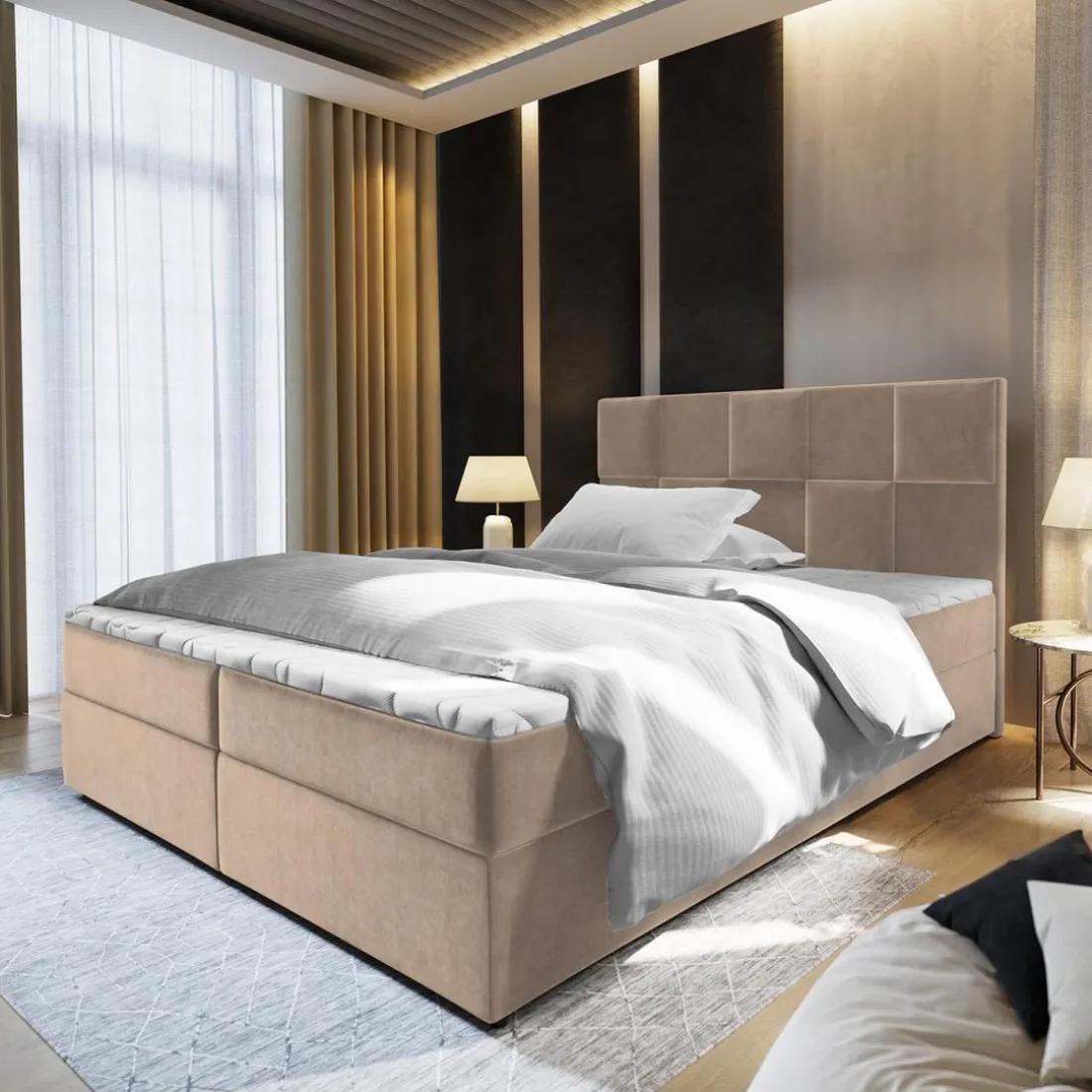 Lit boxspring avec matelas et sur-matelas inclus PRATA 160x220cm Velours Taupe