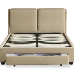 Lit Double FROWELL Avec Tiroir De Rangement Intégré Et Sommier 140x190cm Tissu Beige