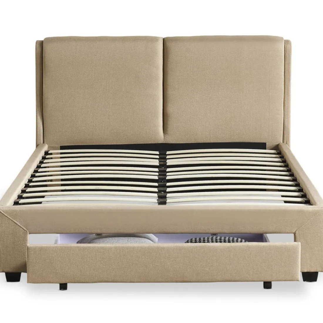 Lit Double FROWELL Avec Tiroir De Rangement Intégré Et Sommier 140x190cm Tissu Beige