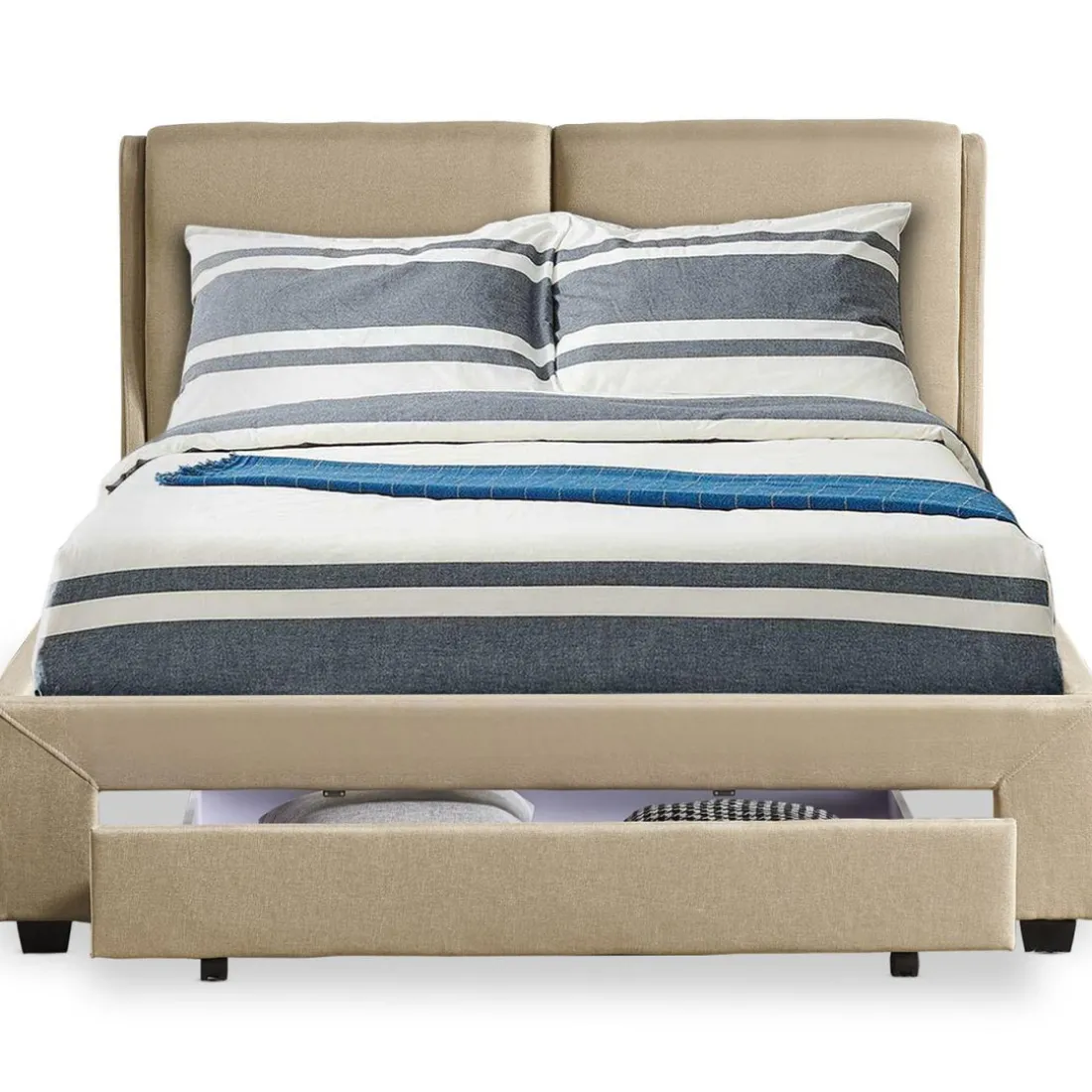 Lit Double FROWELL Avec Tiroir De Rangement Intégré Et Sommier 140x190cm Tissu Beige