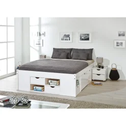 Lit En Pin Massif Avec Espaces De Rangement Mobiles Blanc 160x200 KOLO