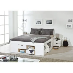 Lit En Pin Massif Avec Espaces De Rangement Mobiles Blanc 160x200 KOLO