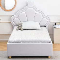 Lit simple avec tête de lit coquillage et sommier relevable Queenie Simili Blanc