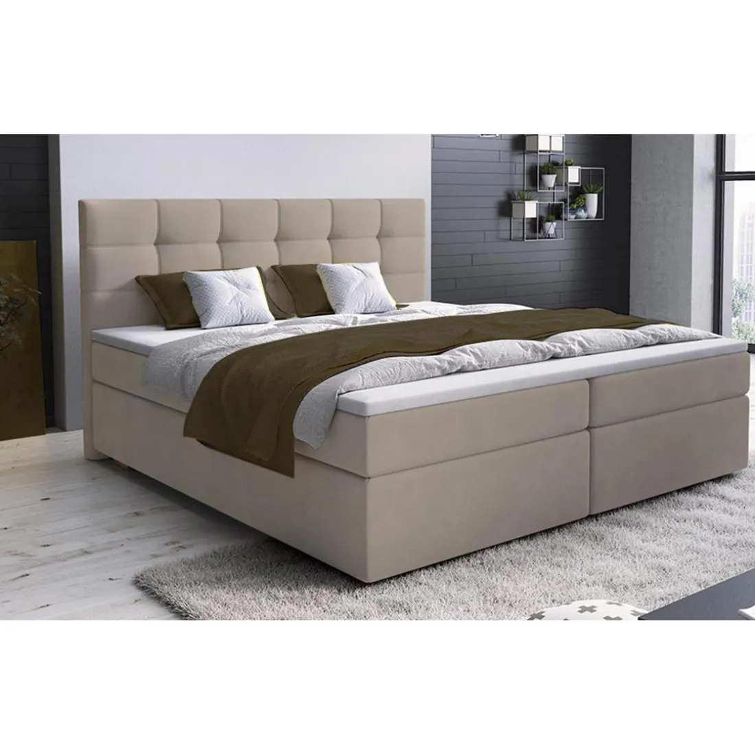 Lit-Coffre Avec Matelas Et Sur-Matelas ROVINKA 140cm Tissu Beige