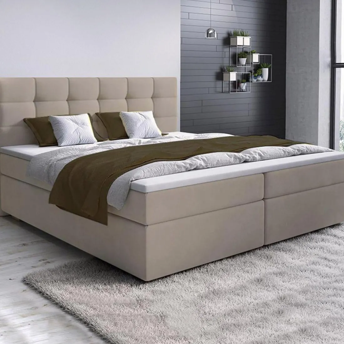Lit-Coffre Avec Matelas Et Sur-Matelas ROVINKA 140cm Tissu Beige