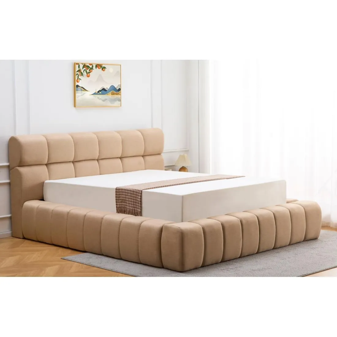 Lit-coffre complet avec rebords matelassés Tissu Beige