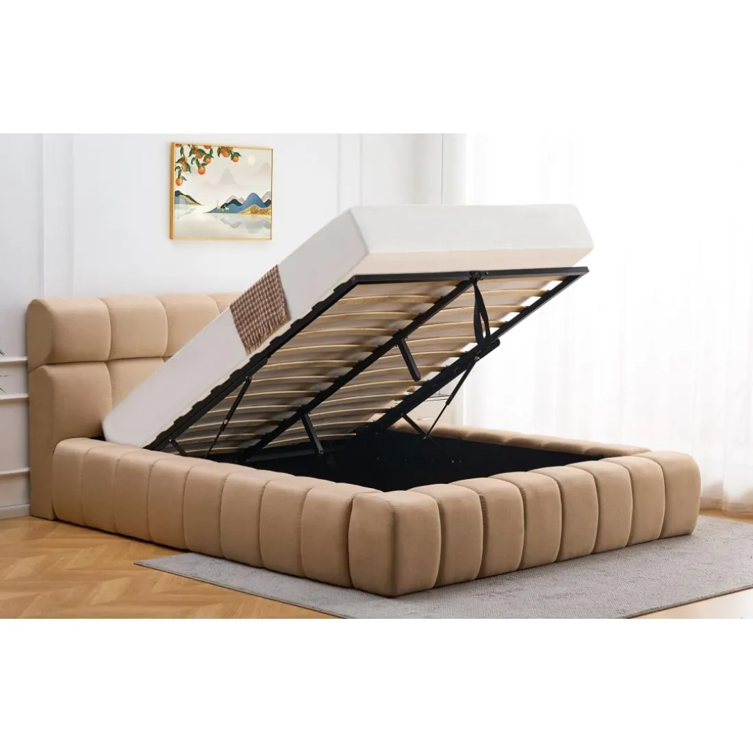 Lit-coffre complet avec rebords matelassés Tissu Beige