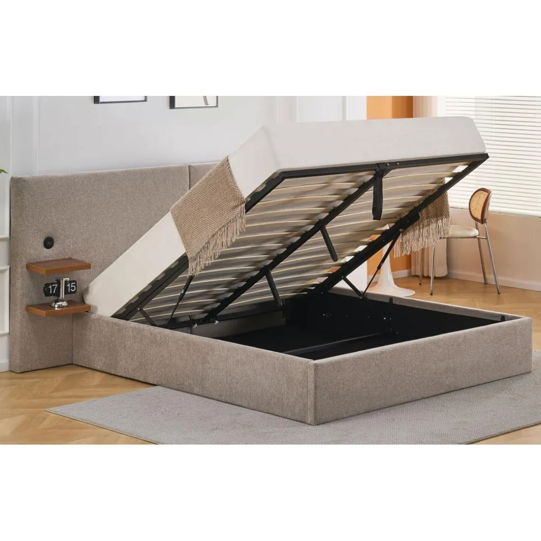 Lit-coffre complet avec tablettes et ports USB intégrés Lukas Tissu Taupe clair