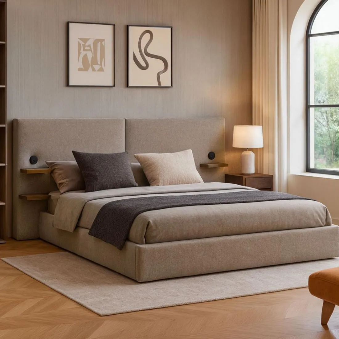 Lit-coffre complet avec tablettes et ports USB intégrés Lukas Tissu Taupe clair
