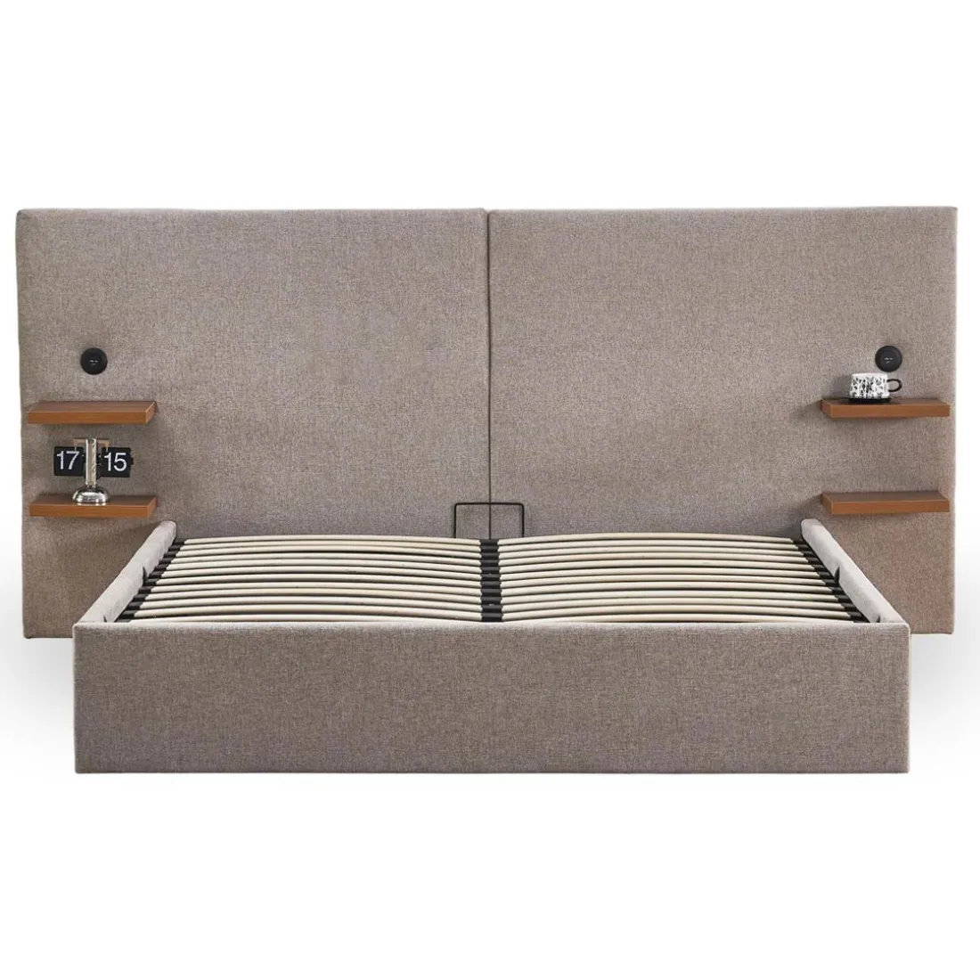 Lit-coffre complet avec tablettes et ports USB intégrés Lukas Tissu Taupe clair
