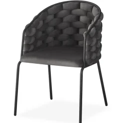 Lot de 4 chaises design au dossier arrondi style maillage Tricotane Velours Gris et Métal Noir