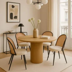 Lot de 2 chaises design Showan avec cannage Rotin et Tissu bouclette Crème