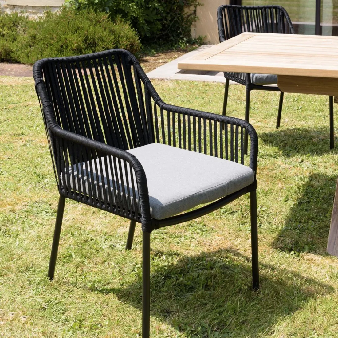Lot de 2 fauteuils cordage noir coussin assise gris anthracite MALO