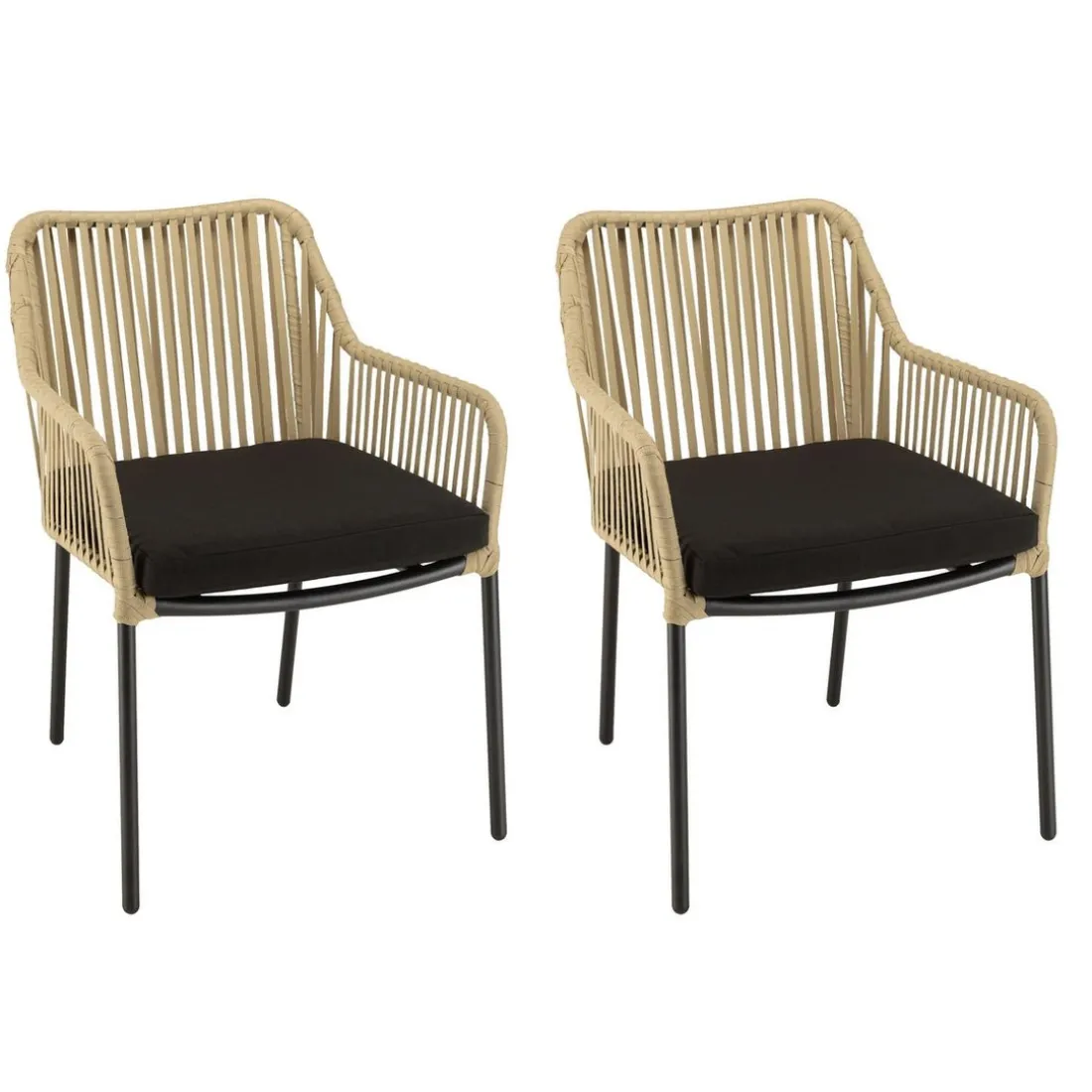 Lot de 2 fauteuils cordage couleur naturelle coussin assise noir MALO