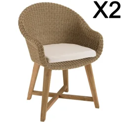 Lot de 2 fauteuils jardin rotin synth. et coussin pieds croisés KALLY