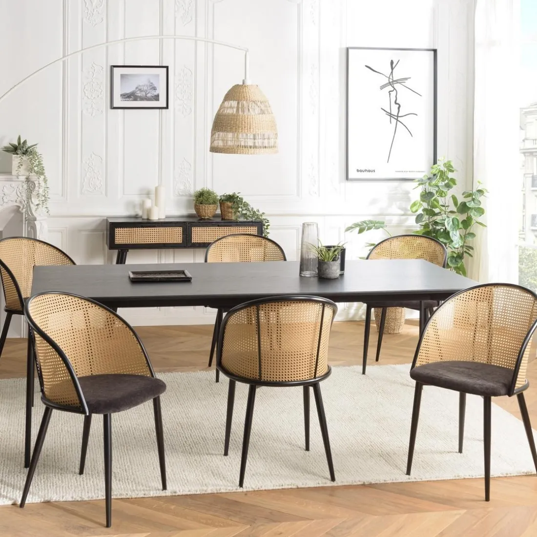 Lot de 2 fauteuils tissu noir dossier arrondi effet cannage LEA
