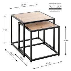 Lot de 2 tables d'appoint métal noir laqué plateau décor chène