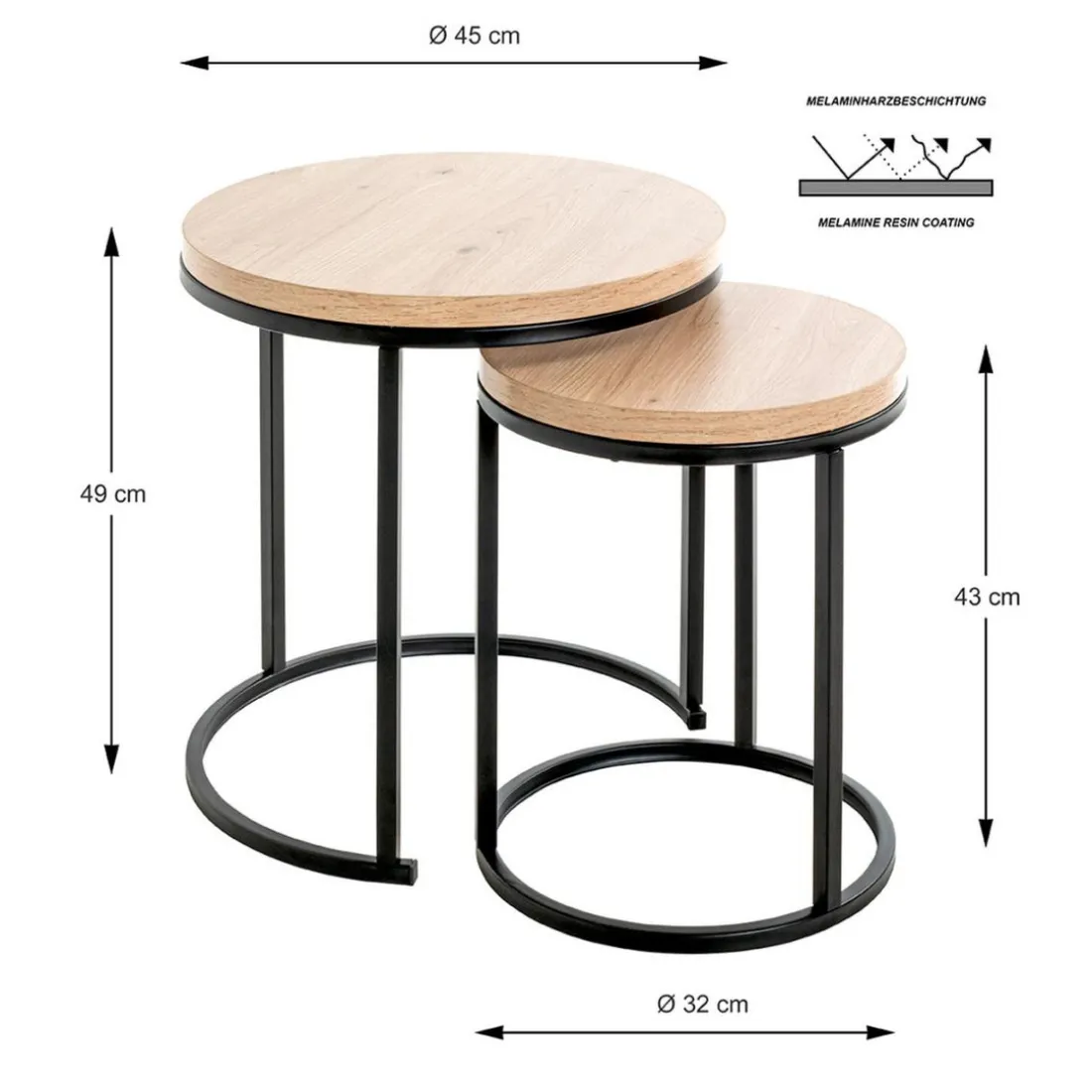 Lot de 2 tables d'appoint ronde plateau en décor chène