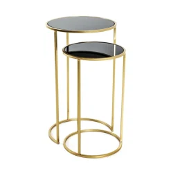 Lot de 2 tables d'appoint rondes Noir et Or avec plateaux en verre trempé et pieds en Métal