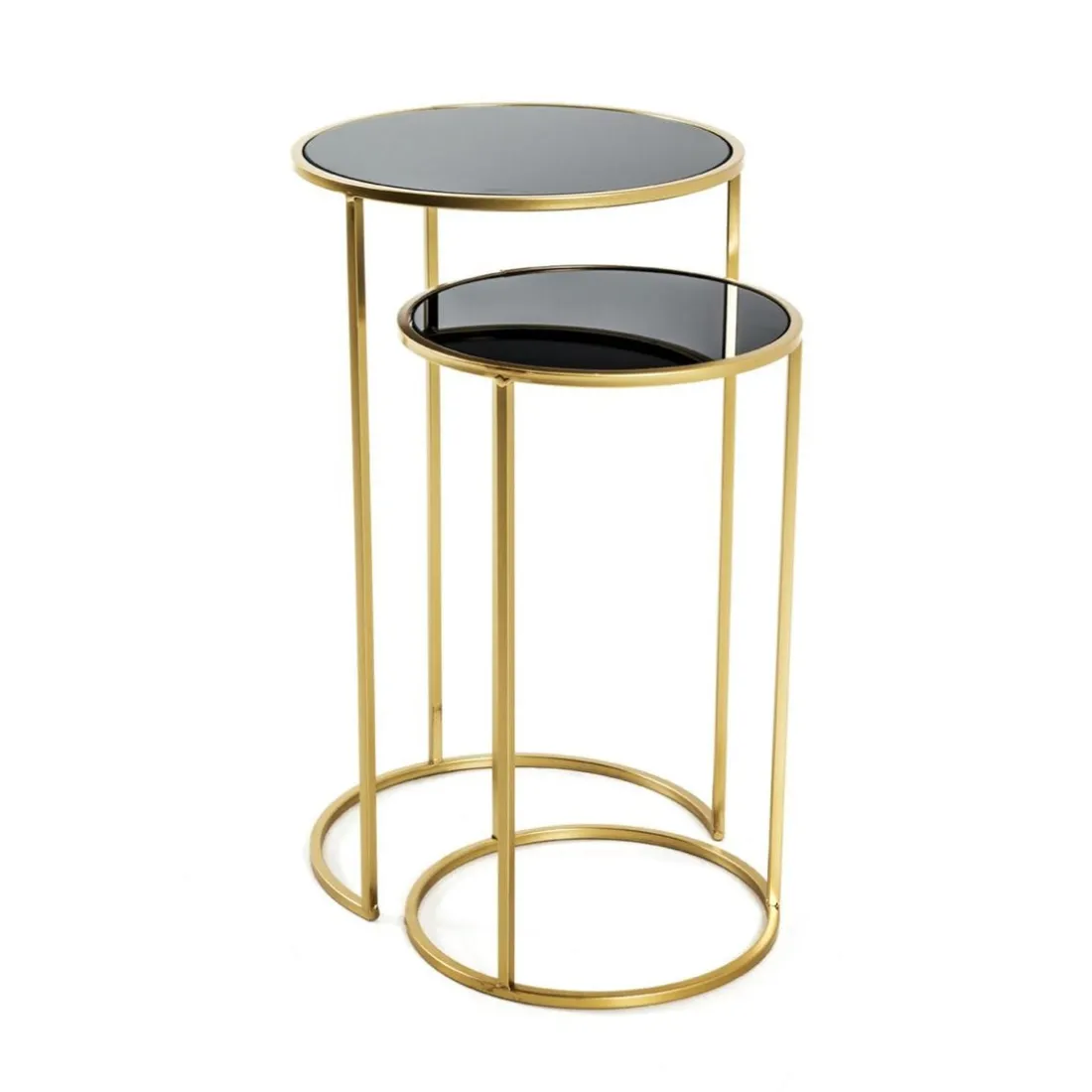 Lot de 2 tables d'appoint rondes Noir et Or avec plateaux en verre trempé et pieds en Métal