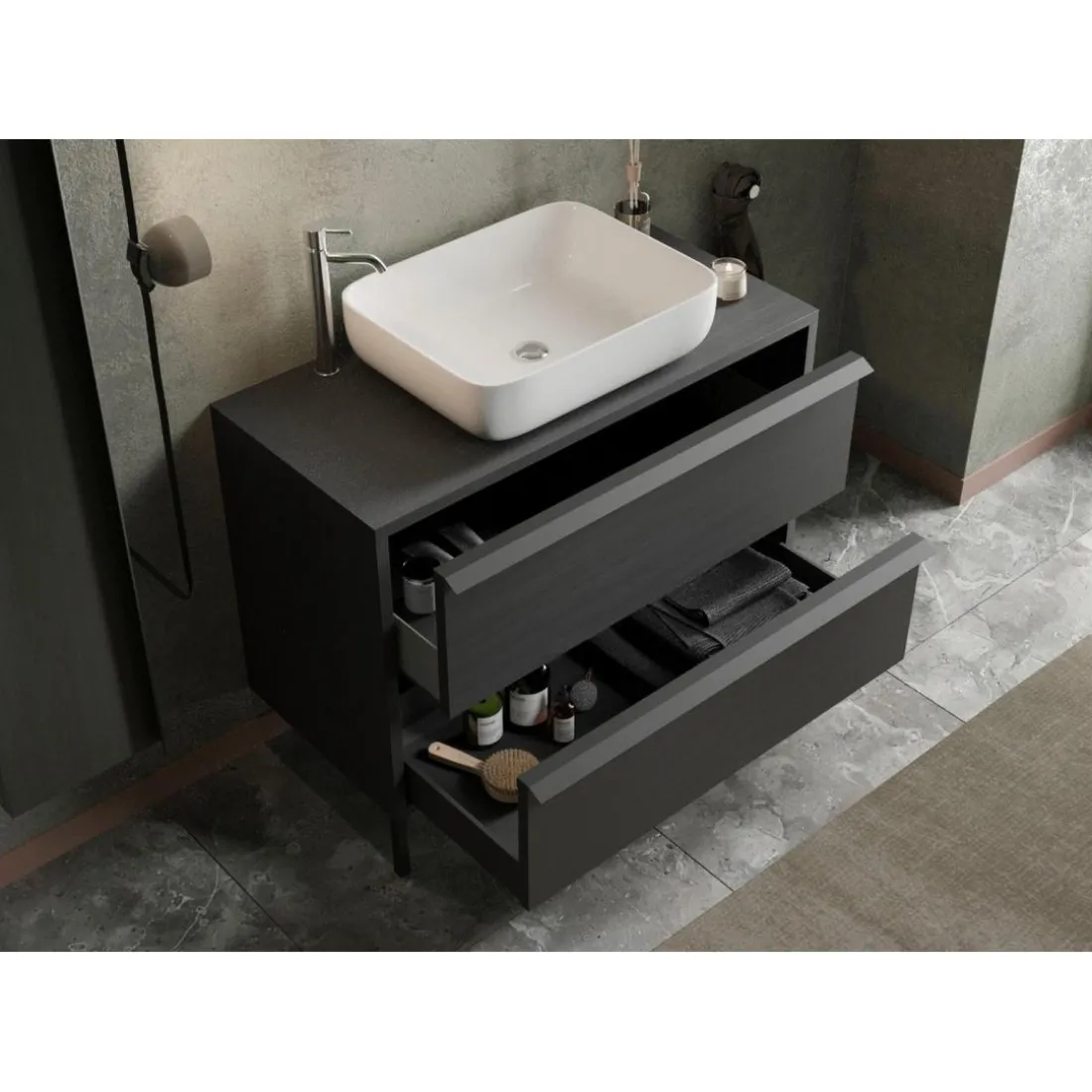 Meuble salle de bain sur pieds coloris Frêne Noir