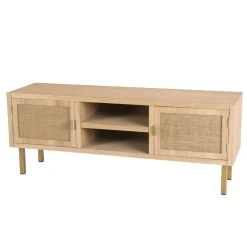 Meuble Tv 2 ALINE Niches 2 Portes Toile De Jute Pieds Métal Doré