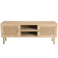 Meuble Tv 2 ALINE Niches 2 Portes Toile De Jute Pieds Métal Doré