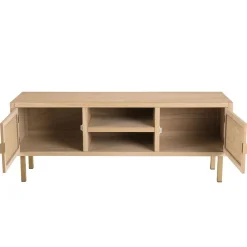Meuble Tv 2 ALINE Niches 2 Portes Toile De Jute Pieds Métal Doré