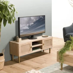 Meuble Tv 2 ALINE Niches 2 Portes Toile De Jute Pieds Métal Doré