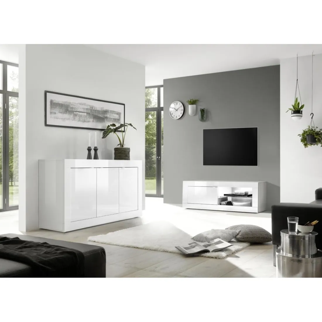 Meuble TV 1 porte BASIC laqué blanc brillant