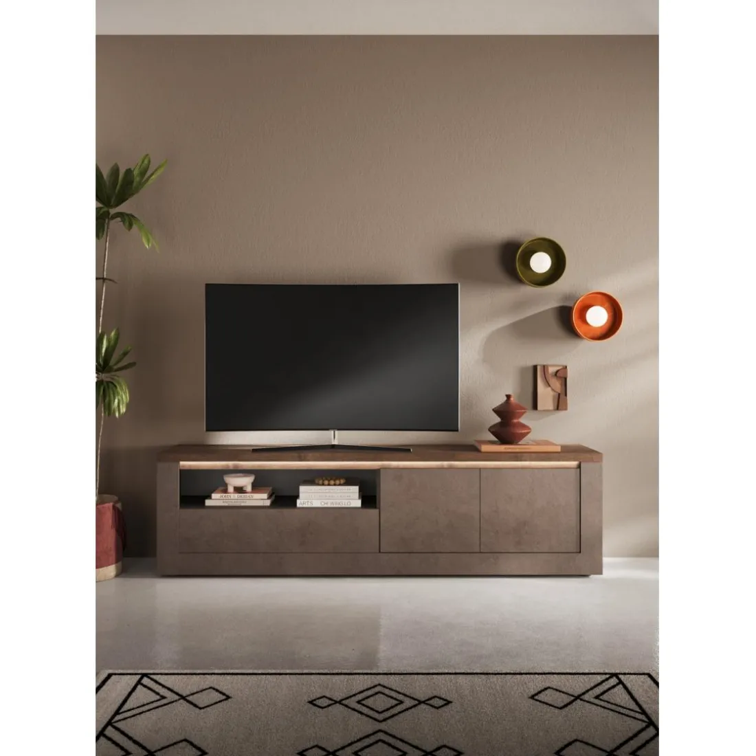 Meuble tv 2 portes et 1 Tiroir et niche ISCHIA avec éclairage LED intégré
