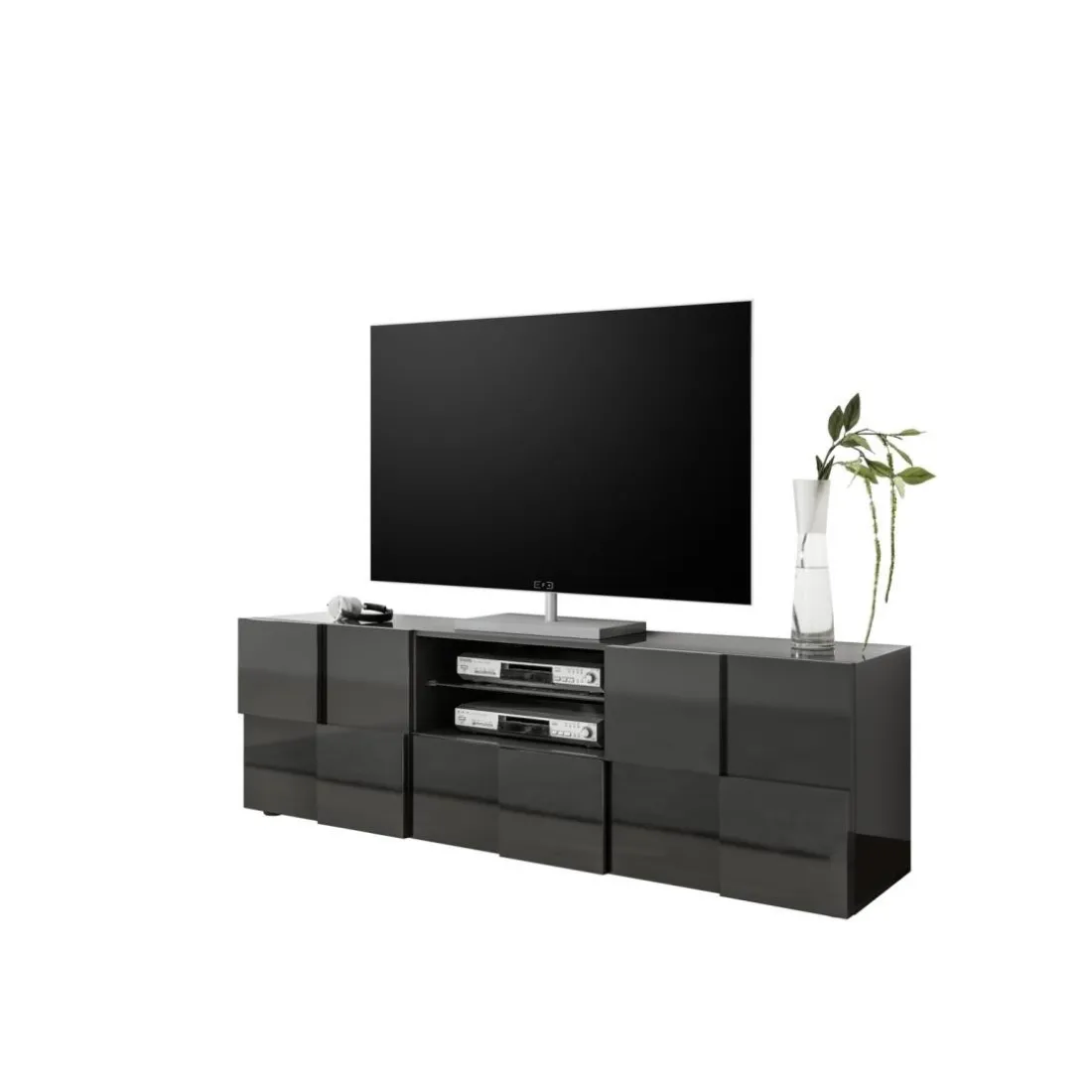 Meuble TV 2 portes et 1 tiroir DAMA laqué anthracite brillant