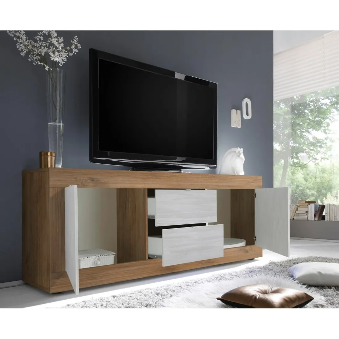 Meuble TV 2 portes et 2 tiroirs blanc