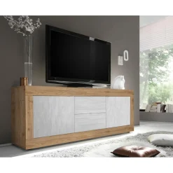 Meuble TV 2 portes et 2 tiroirs BASIC décor marbre blanc