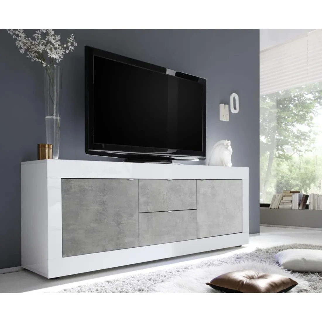 Meuble TV 2 portes et 2 tiroirs BASIC blanc et décor beton