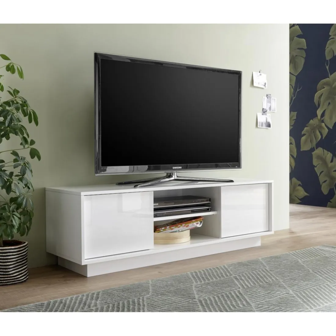 Meuble TV 2 portes ICE laqué blanc brillant