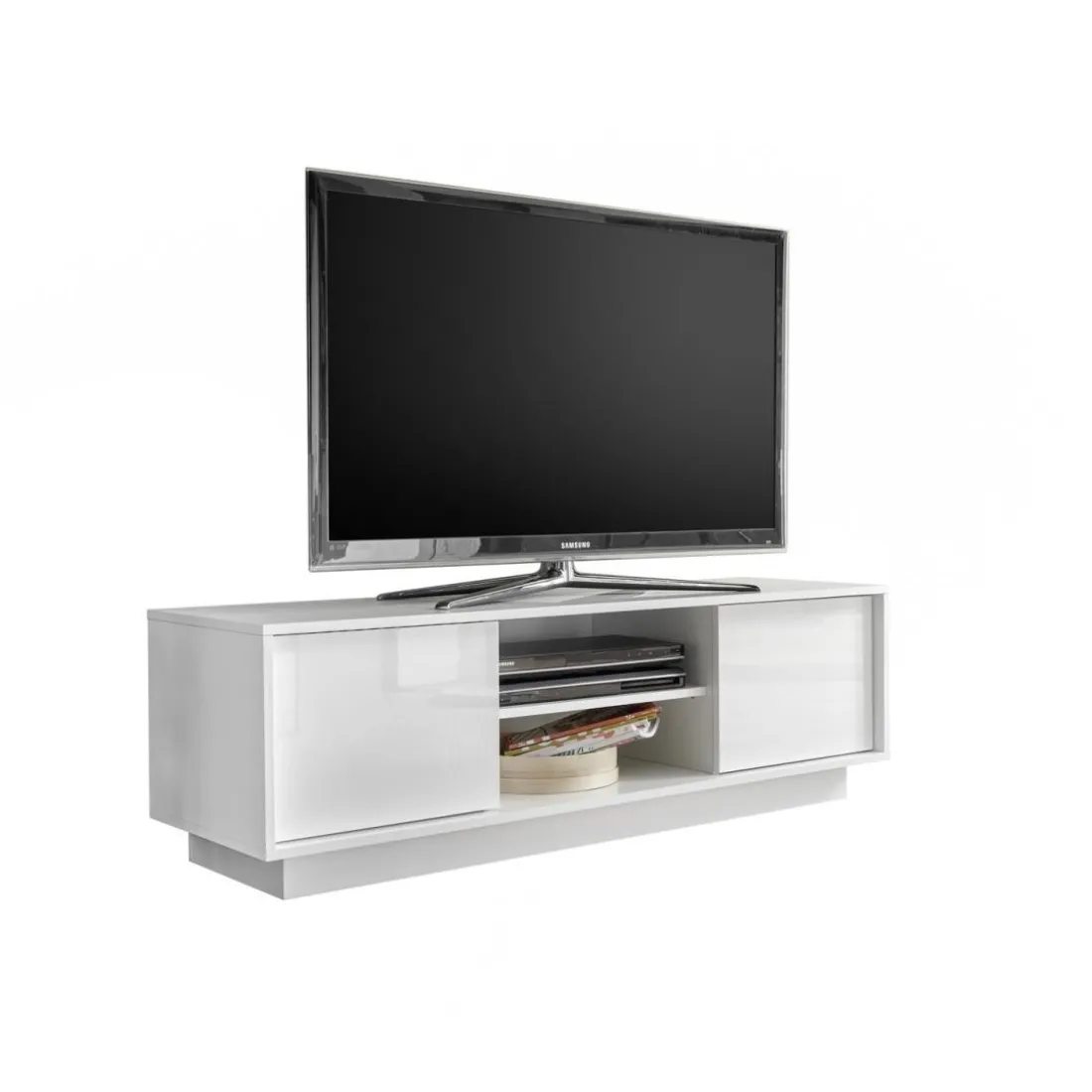 Meuble TV 2 portes ICE laqué blanc brillant