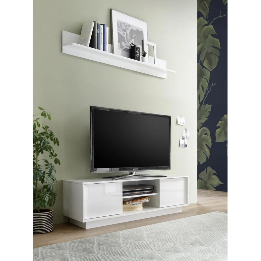 Meuble TV 2 portes ICE laqué blanc brillant