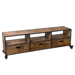 Meuble TV À Roulettes ALIDA 3 Tiroirs 3 Niches Bois Teck Recyclé Et Métal
