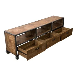Meuble TV À Roulettes ALIDA 3 Tiroirs 3 Niches Bois Teck Recyclé Et Métal